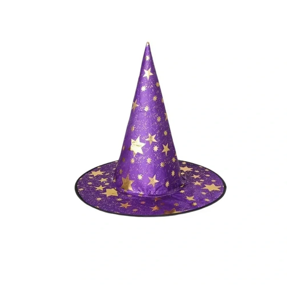 Purple and Gold Star Halloween witch Hats for costume accessories bundle of 8